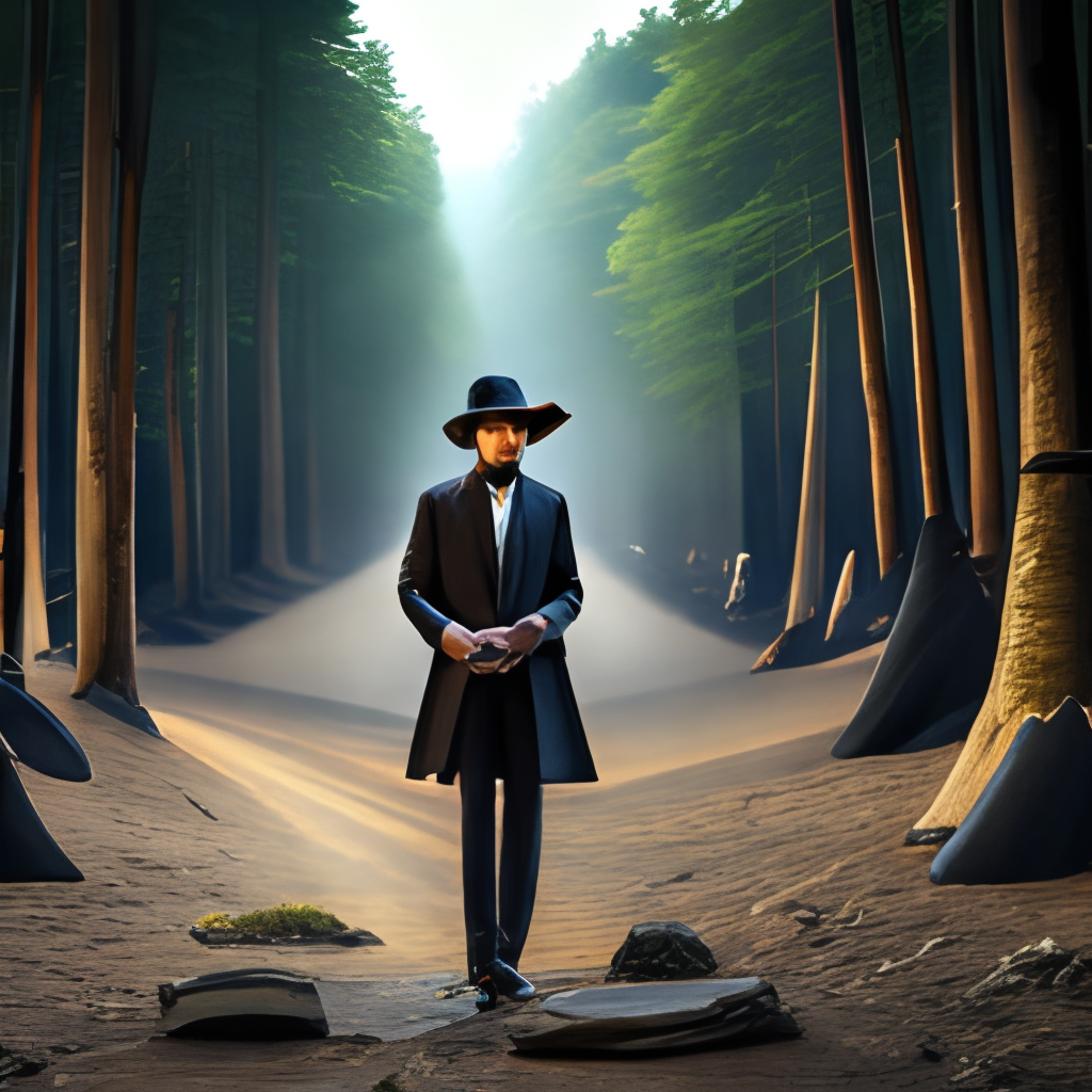 A musician with a hat, without a face, with a long black jacket in a forest playing the guitar ultra hd 8k