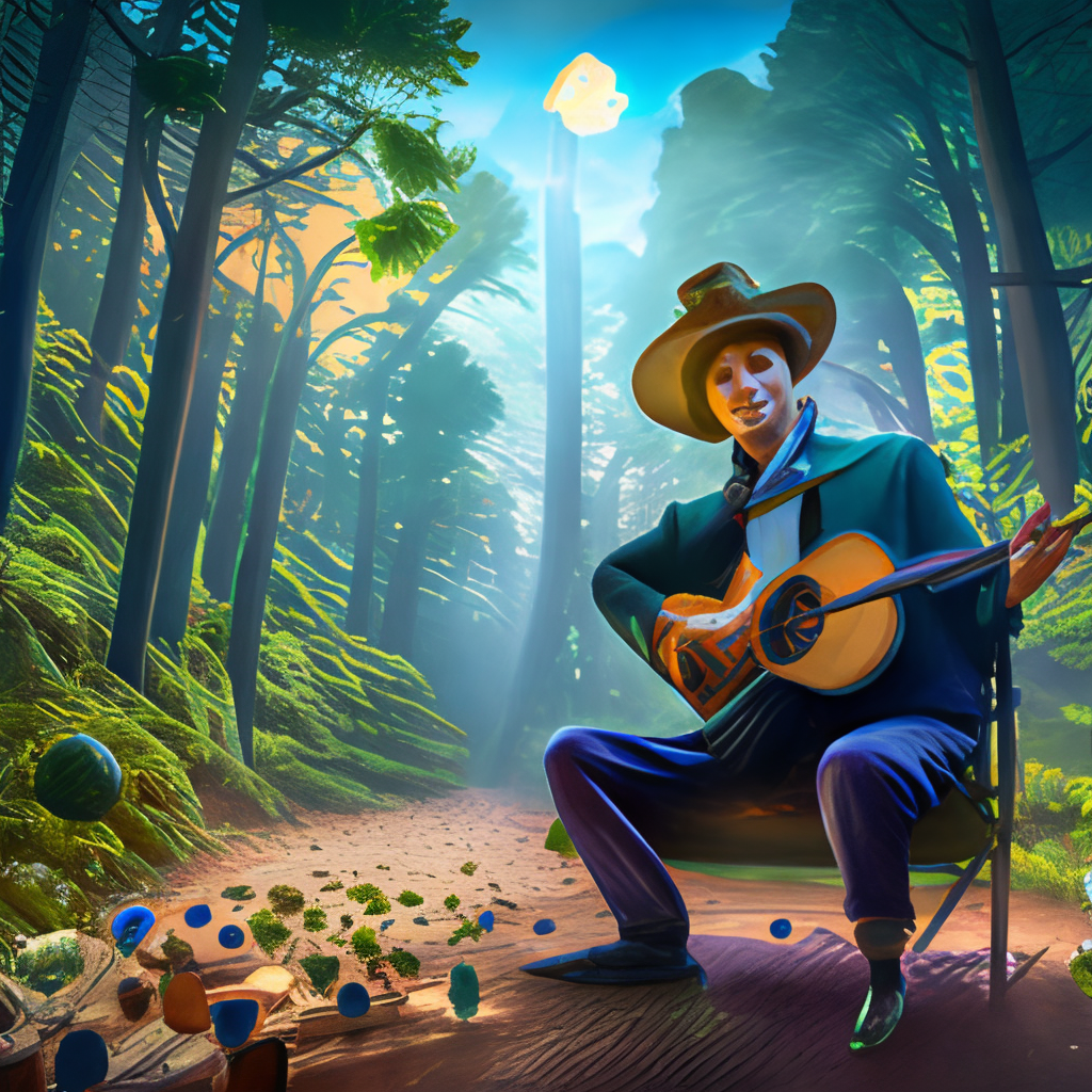 A musician with a hat, without a face, in a forest playing the guitar hd 8k