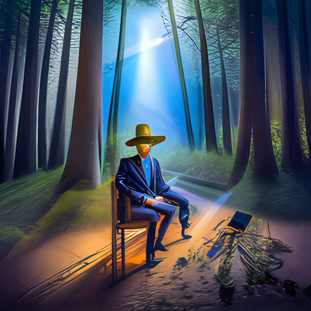 A musician with a hat, without a face, in a forest playing the guitar ultra hd 8k