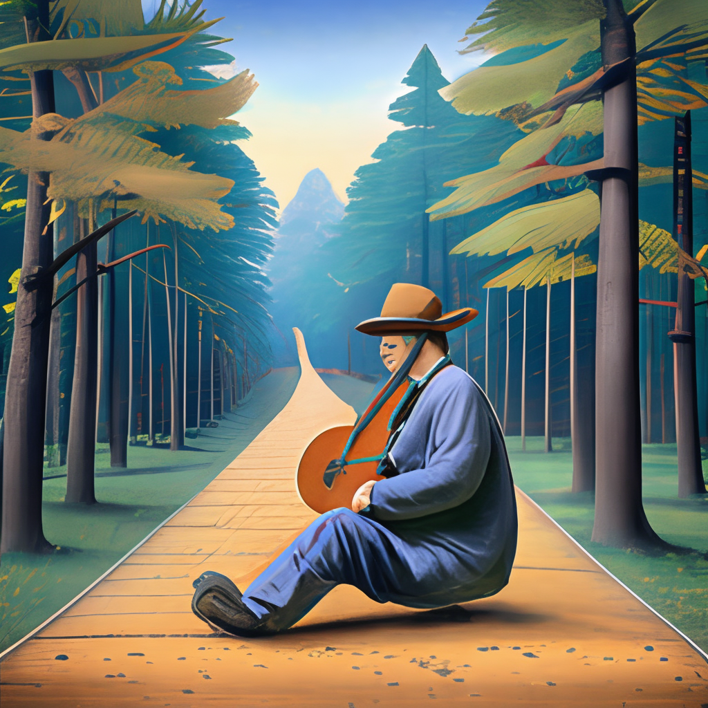 A musician with a hat, without a face, in a forest playing the guitar ultra hd 8k