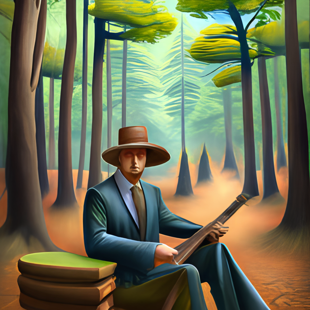 A musician with a hat, without a face, in a forest playing the guitar ultra hd 8k