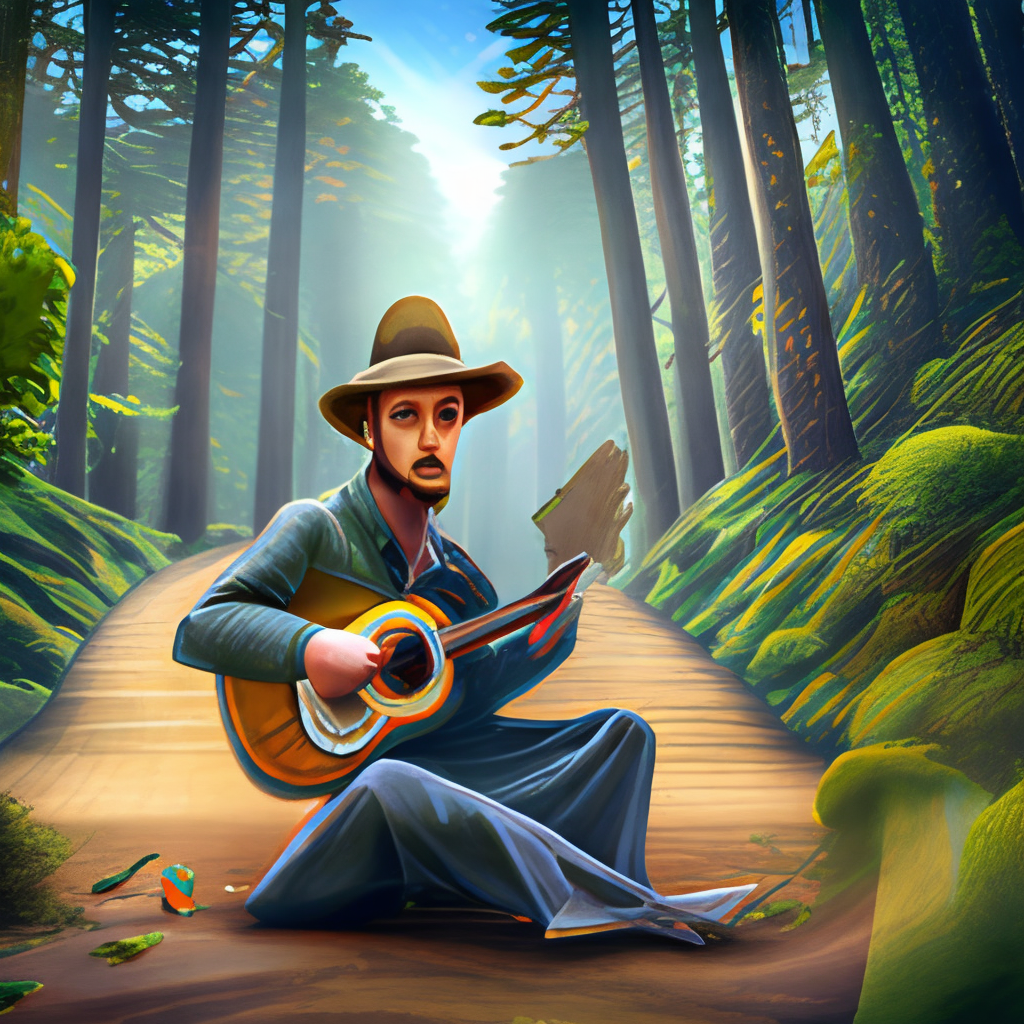 A musician with a hat, without a face, in a forest playing the guitar ultra hd 8k