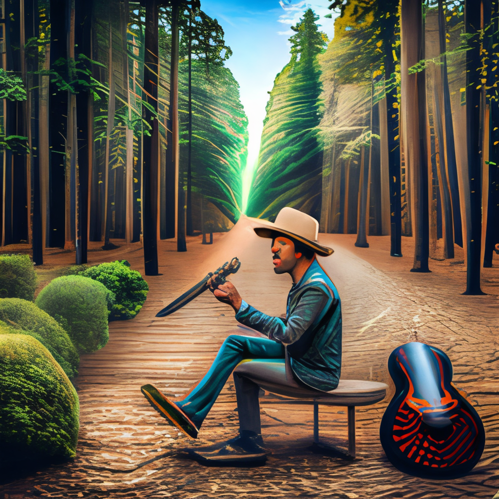 A musician with a hat, without a face, in a forest playing the guitar