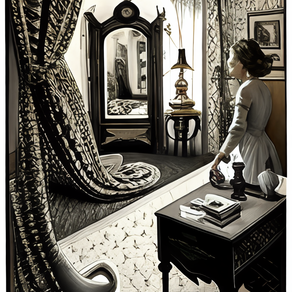 realistic detailed image of a girl looking at the mirror to another world dimension , and a snake in an old soviet girlish room with a little monster hiding!!! under the bed!!! 