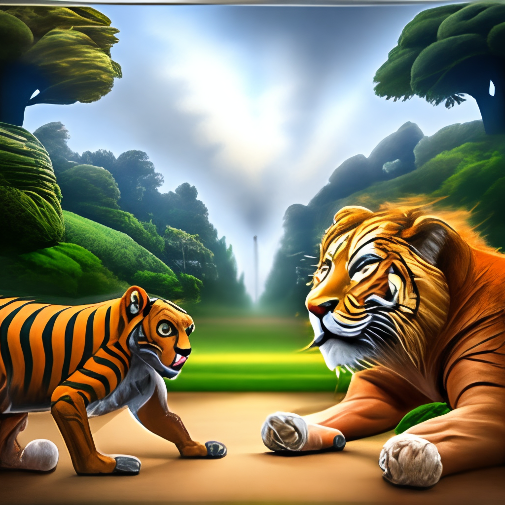 The lion and the tiger are fighting the two huge predators in the forest 