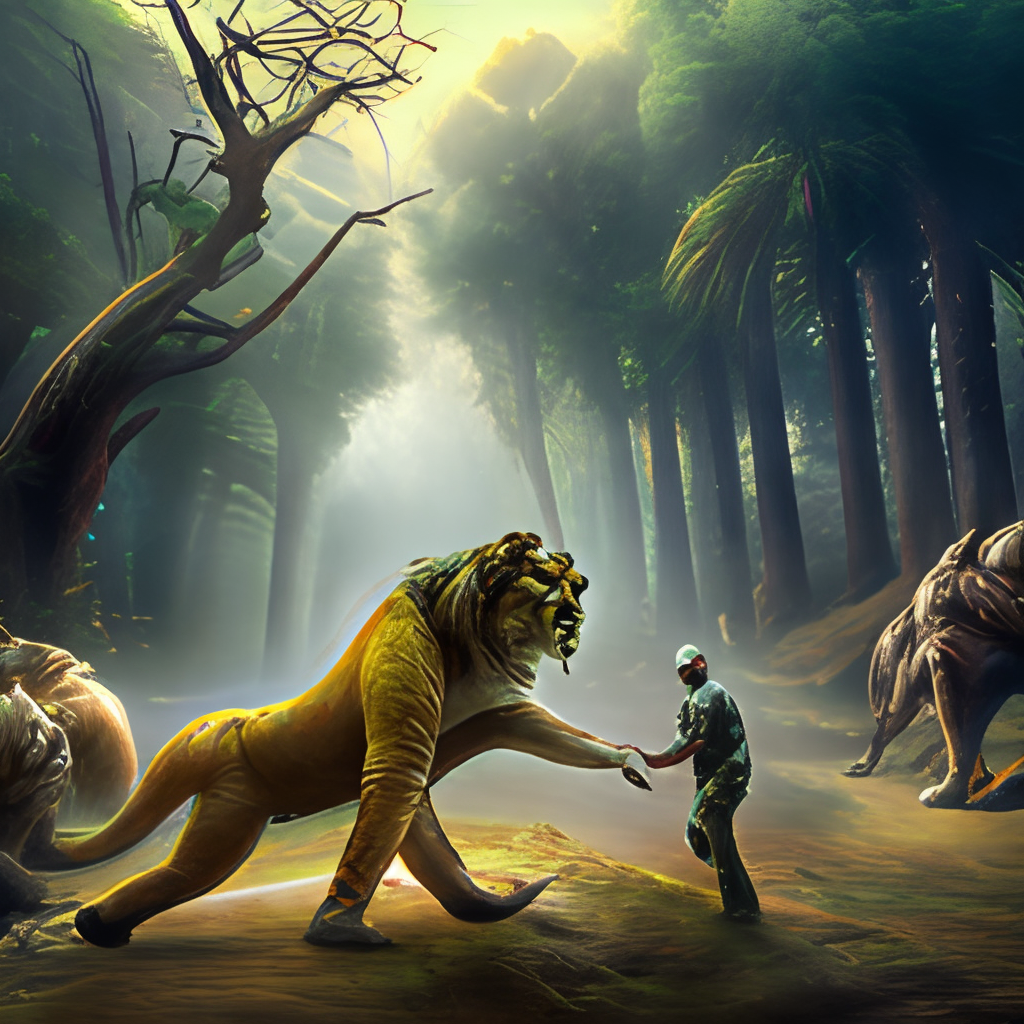 The lion and the tiger are fighting the two huge predators in the forest 