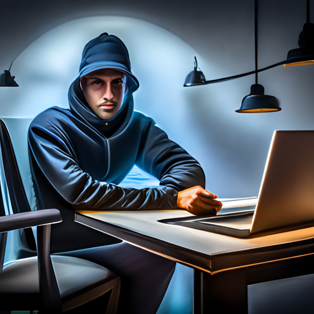 A professional hacker who penetrates systems, devices, and banks, sits on a chair in front of his computer, hacks, wears a gray hat, hacker signs as a logo above the image or all of it, but with a lighter light than the image 