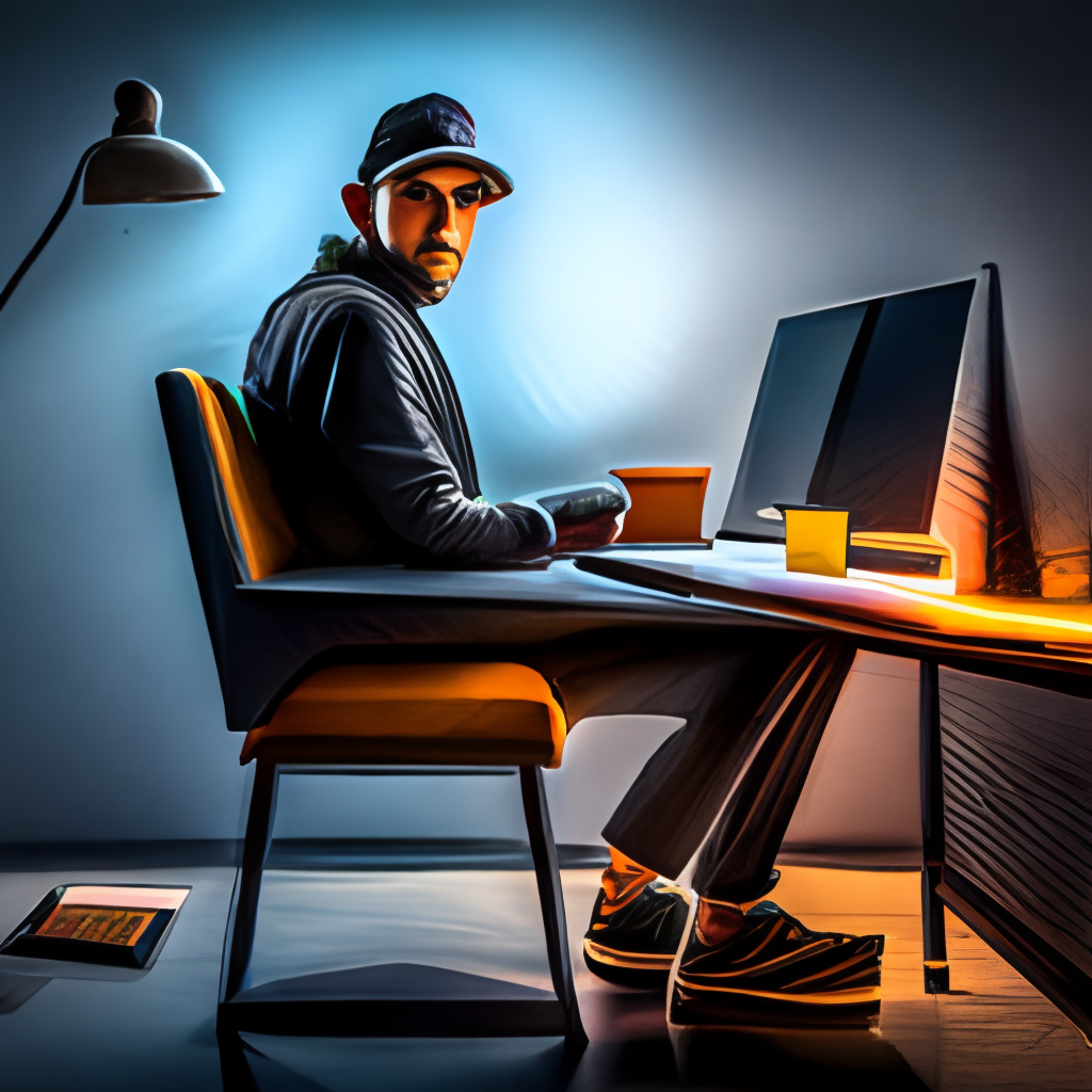 A professional hacker who penetrates systems, devices, and banks, sits on a chair in front of his computer, hacks, wears a gray hat, hacker signs as a logo above the image or all of it, but with a lighter light than the image 