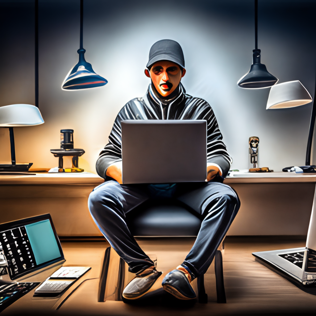 A professional hacker who penetrates systems, devices, and banks, sits on a chair in front of his computer, hacks, wears a gray hat, hacker signs as a logo above the image or all of it, but with a lighter light than the image He wears a hacker mask 