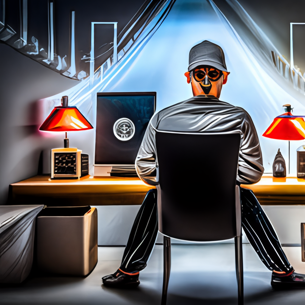 A professional hacker who penetrates systems, devices, and banks, sits on a chair in front of his computer, hacks, wears a gray hat, hacker signs as a logo above the image or all of it, but with a lighter light than the image He wears a hacker mask, Wears a mask seen for the smart computer 