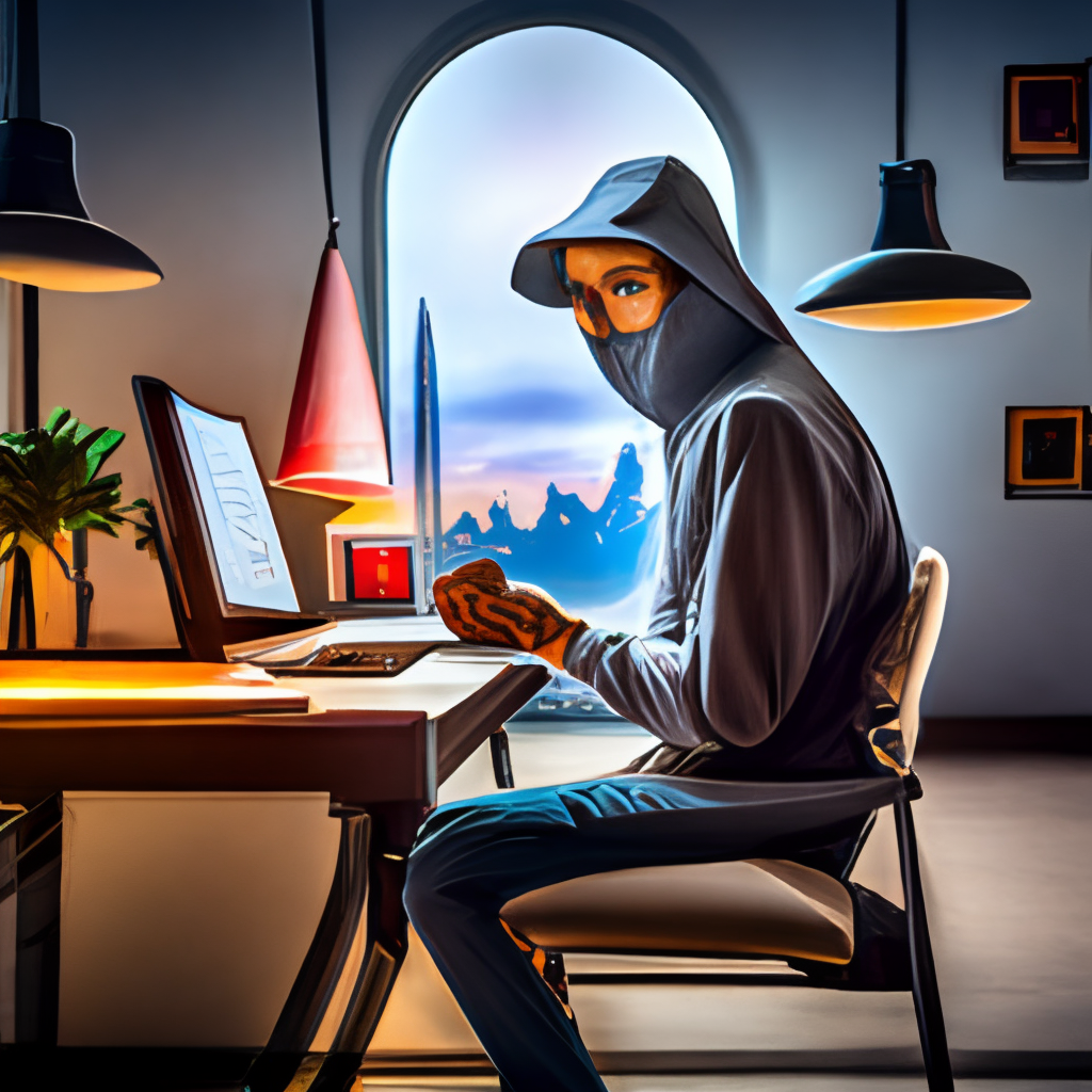 A professional hacker who penetrates systems, devices, and banks, sits on a chair in front of his computer, hacks, wears a gray hat, hacker signs as a logo above the image or all of it, but with a lighter light than the image He wears a hacker mask, Wears a mask seen for the smart computer 