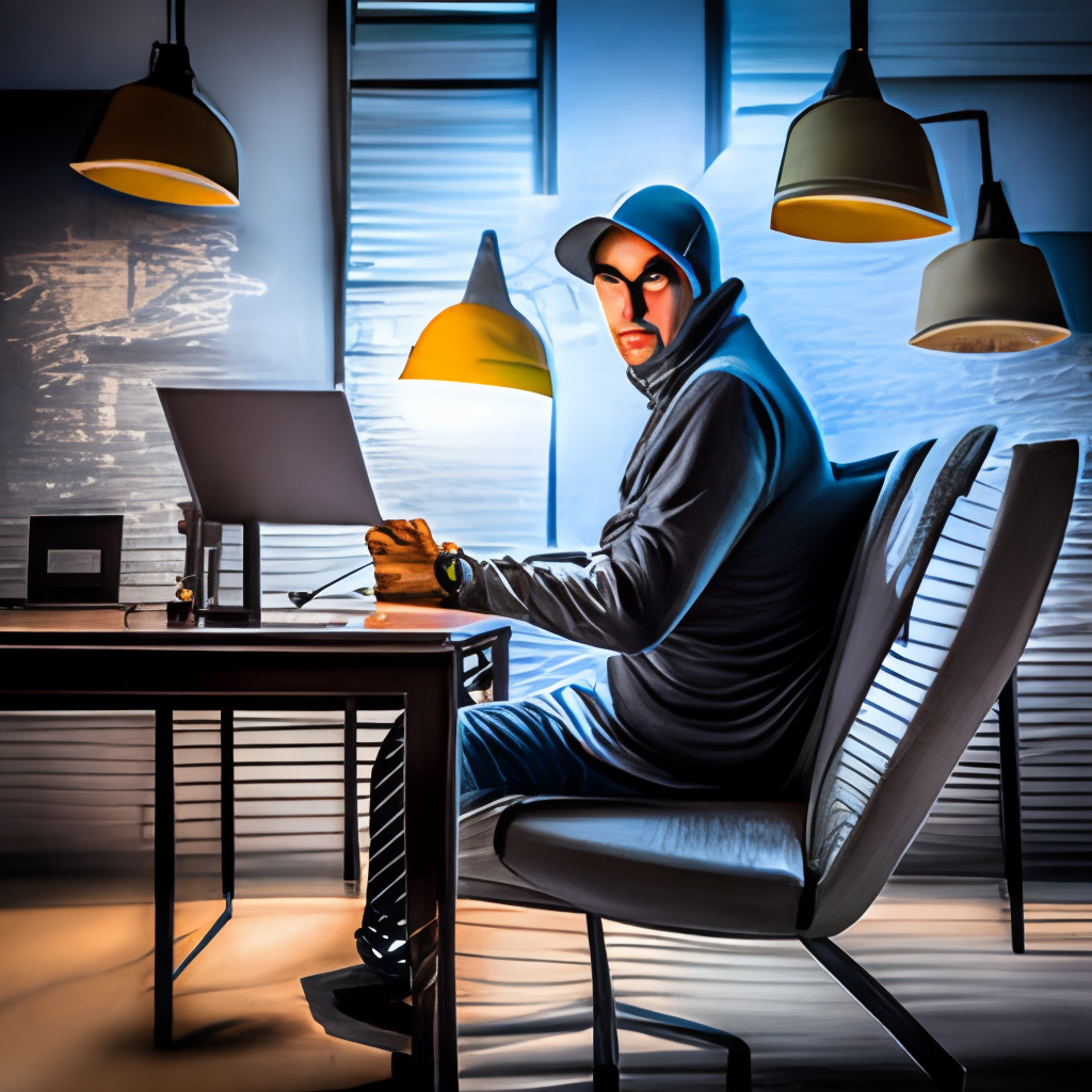 A professional hacker who penetrates systems, devices, and banks, sits on a chair in front of his computer, hacks, wears a gray hat, hacker signs as a logo above the image or all of it, but with a lighter light than the image He wears a hacker mask, Wears a mask seen for the smart computer 