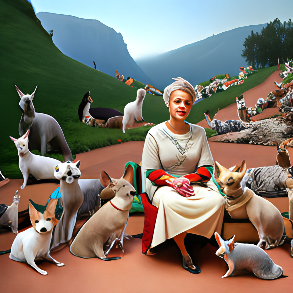 Chihuahua as grandma moses with many cats around