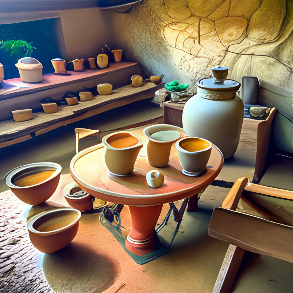 A dinning table with a very big pot in the middle containing a cooked dinasour 