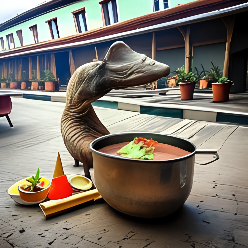 A dinasour cooked in a very big pot