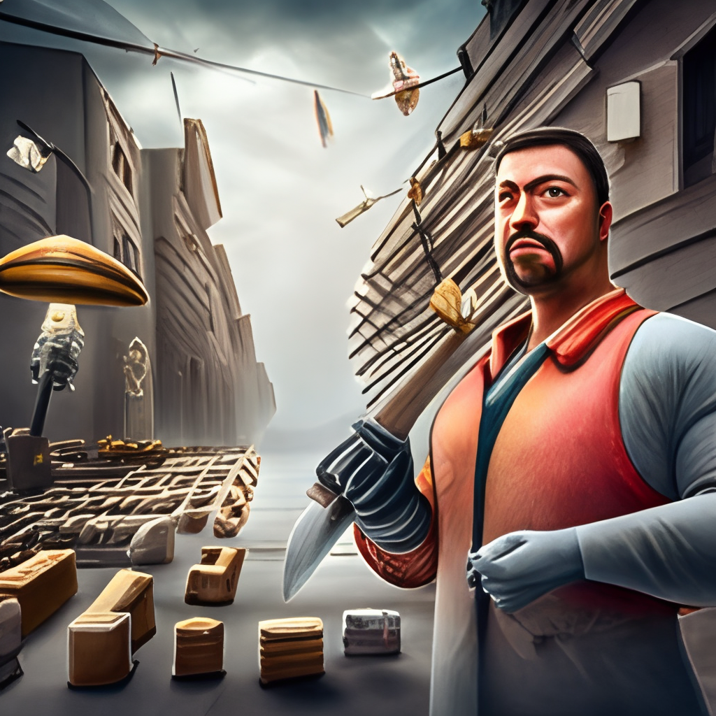 ultra detailed portrait in watercolor painting of demon with jackhammer in the guise of a builder, builds a wall of bricks at a construction site, tools used in construction, dynamic pose, detailed and intricate environment,  sharp focus, global illumination, volumetric lighting, cinematic lighting, cell shading, 8k, cinematic dramatic atmosphere, trending on artstation