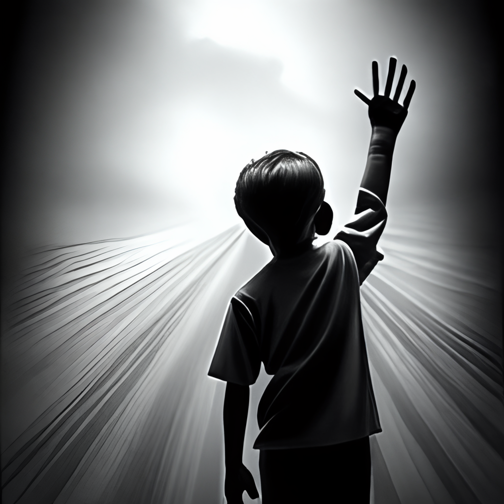 Silhouette of a boy holding his left hand up