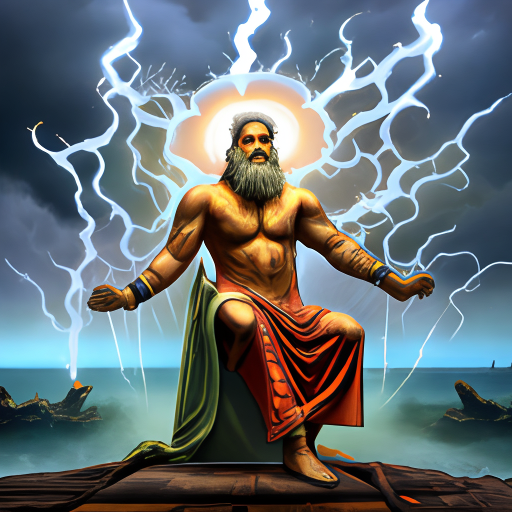 old god zeus, in heaven, with atretic body, angry, throwing lightning bolts to earth with his right hand