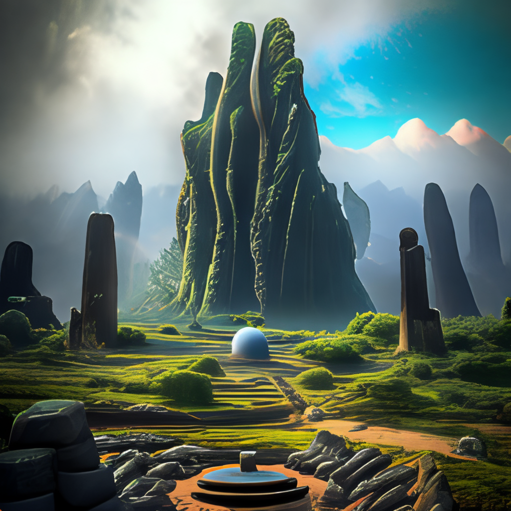 a beautiful alien planet crater with a huge fractal monolith created from multiple concentric circles, overgrown with moss, huge statues, trees, mountains, explorers