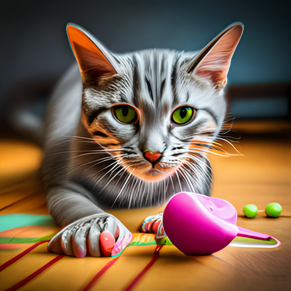 A beautiful gray striped cat with green eyes playing with a pink toy mouse