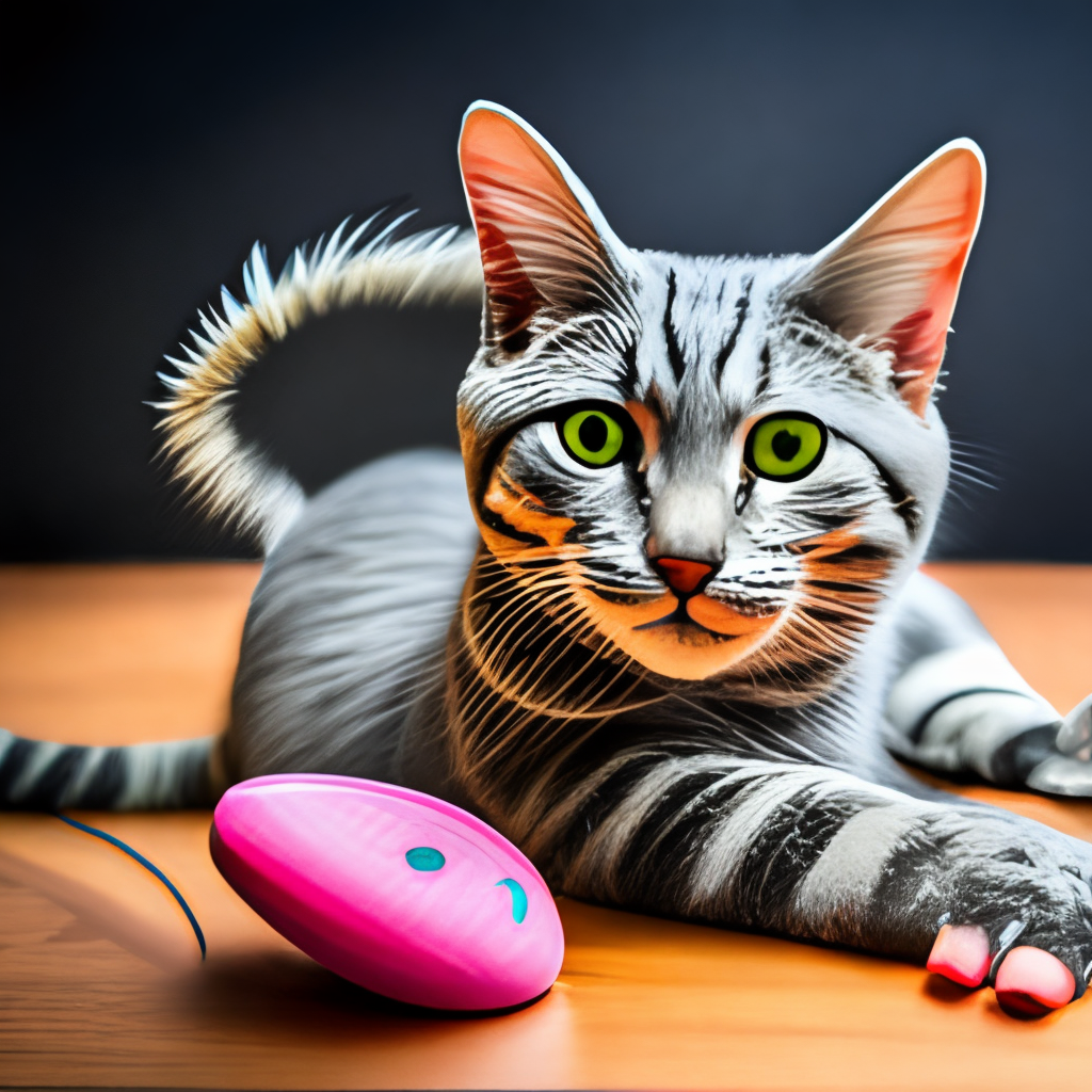 A beautiful gray striped cat with green eyes playing with a pink toy mouse