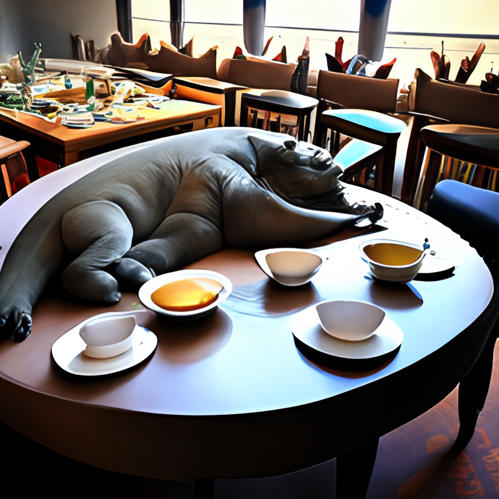 A big dinasour sleeping in a big dish over a dining table 