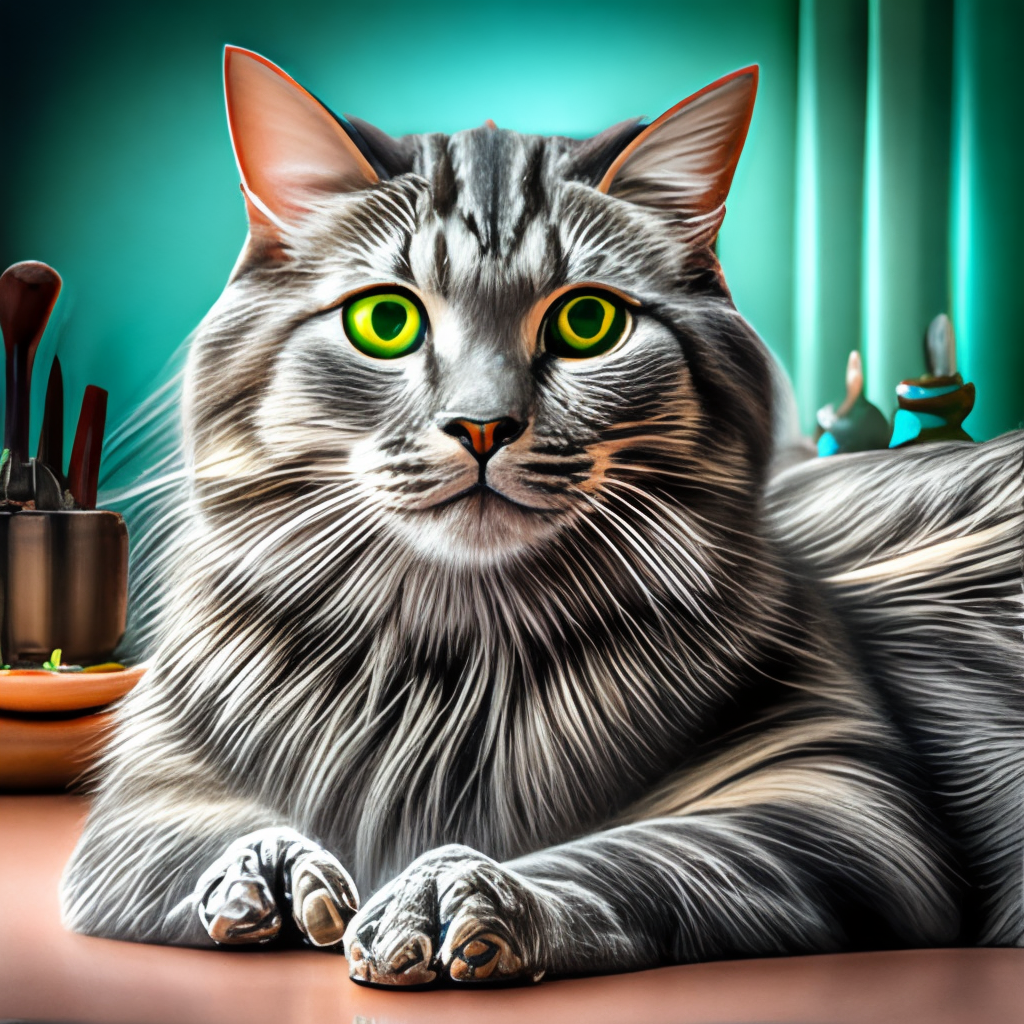 A superhéroe gray striped cat with green eyes