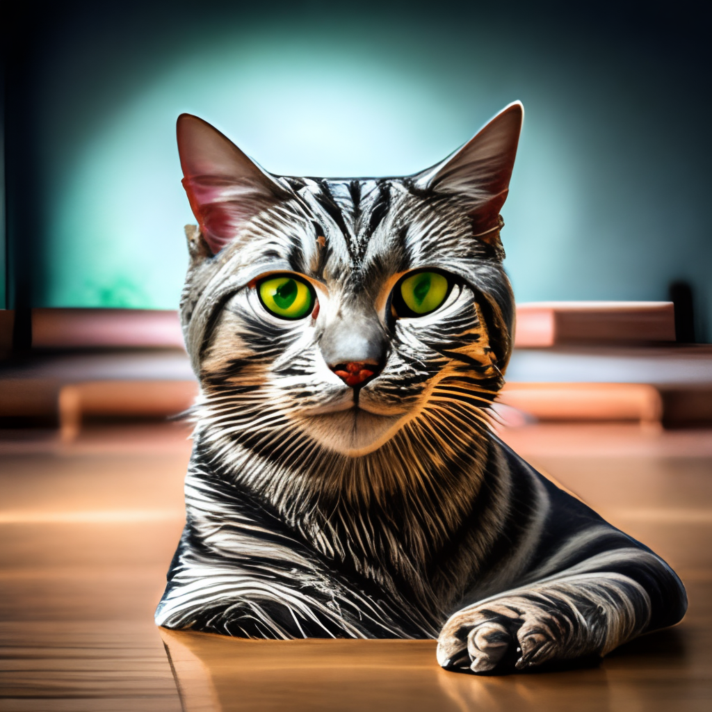 A superhéroe gray striped cat with green eyes