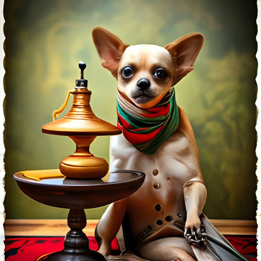Chihuahua using an antique candlestick phone