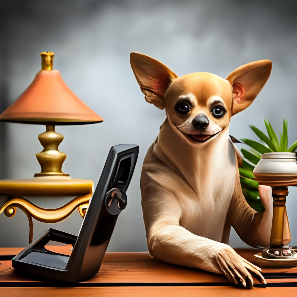 Chihuahua using an antique  phone