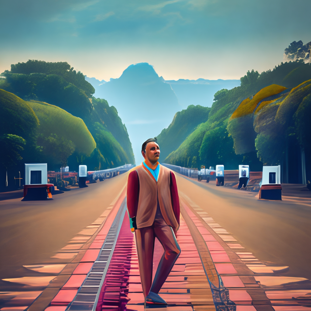 a painting of a person standing on a road, concept art by chris labrooy, cgsociety, retrofuturism, sci - fi, concept art, futuristic 