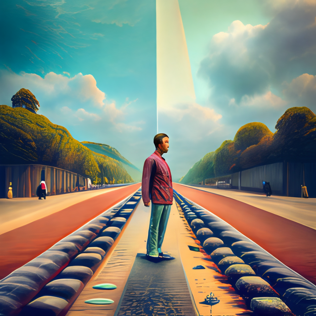 a painting of a person standing on a road, concept art by chris labrooy, cgsociety, retrofuturism, sci - fi, concept art, futuristic 