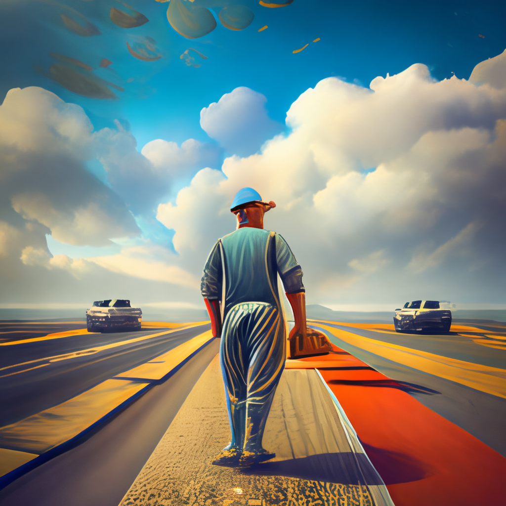 a painting of a person standing on a road, concept art by chris labrooy, cgsociety, retrofuturism, sci - fi, concept art, futuristic 