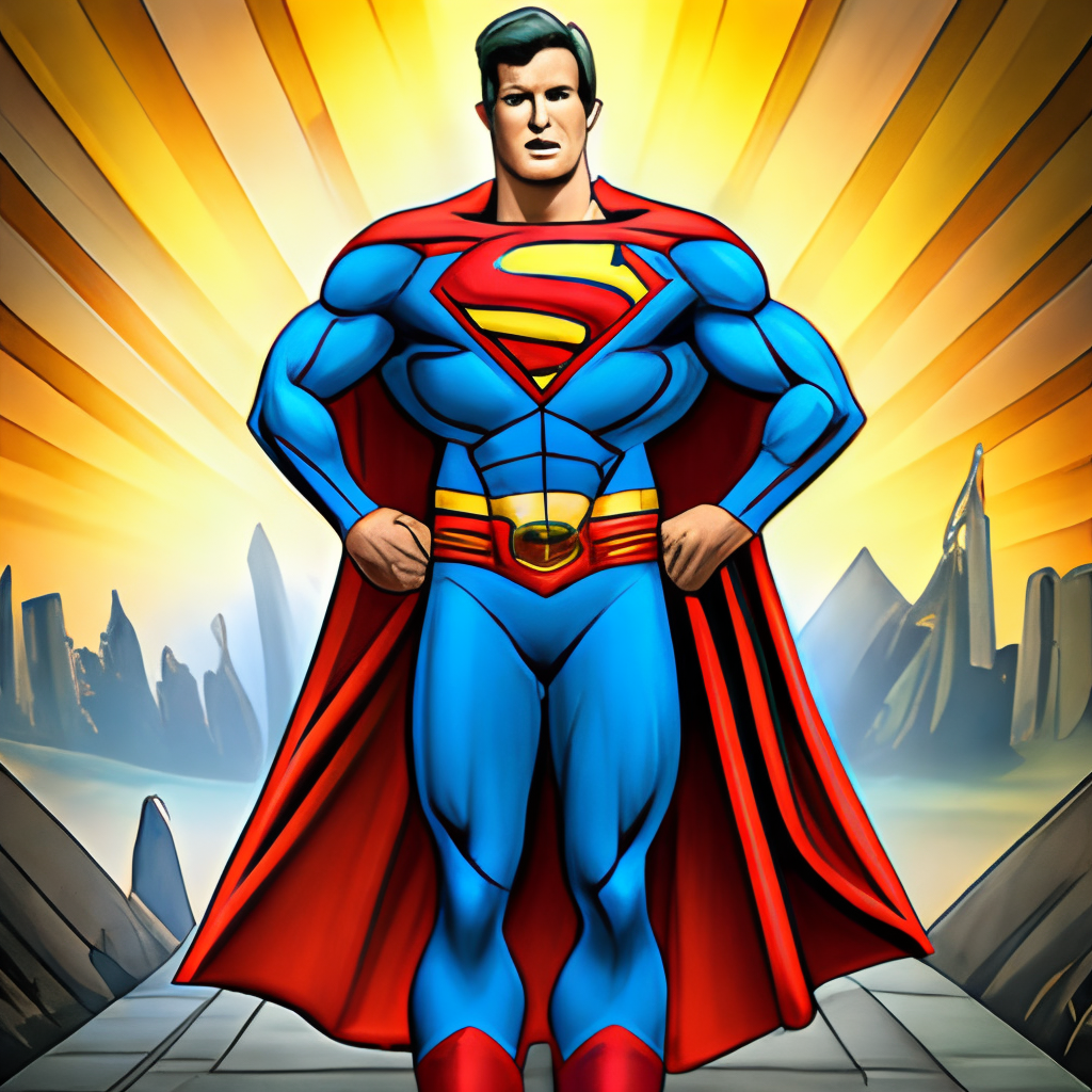 

Superman is a fictional superhero created by DC Comics. He was designed with a powerful and iconic appearance that has become a symbol of strength and heroism.

The basic design of Superman includes a blue bodysuit with a red cape, red boots, and a yellow belt. His chest has the iconic "S" symbol in a yellow shield, which represents his Kryptonian family crest. Superman also wears red trunks over his bodysuit, which has been a part of his design since his creation.

Superman's muscular build emphasizes his incredible strength, while his chiseled jawline and bright blue eyes convey a sense of determination and focus. His hair is styled in a classic spit curl, and he is often depicted with a clean-shaven face.

Overall, the design of Superman is intended to convey a sense of power, heroism, and purity. His iconic appearance has become a symbol of hope and justice, inspiring generations of fans and artists alike.