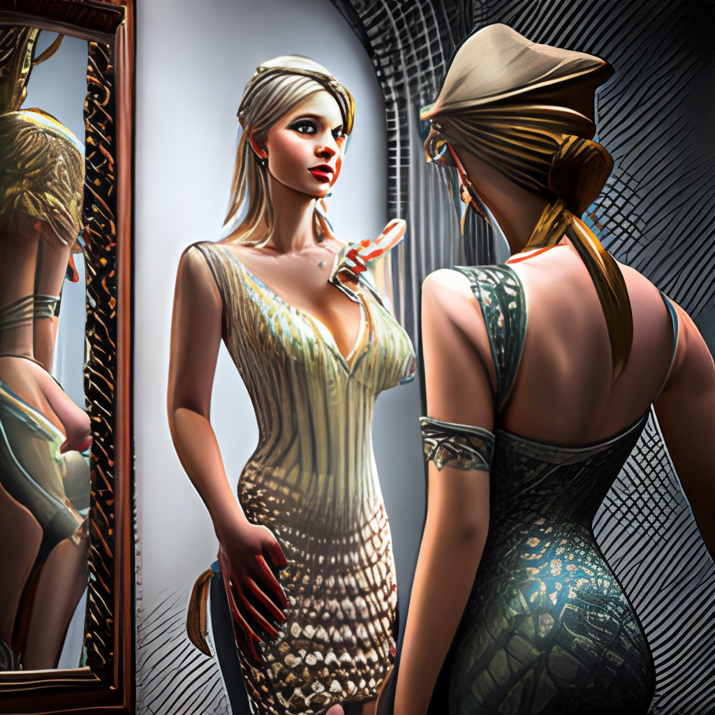 realistic detailed image of a girl in a dress and in stockings looking at the mirror to another world dimension