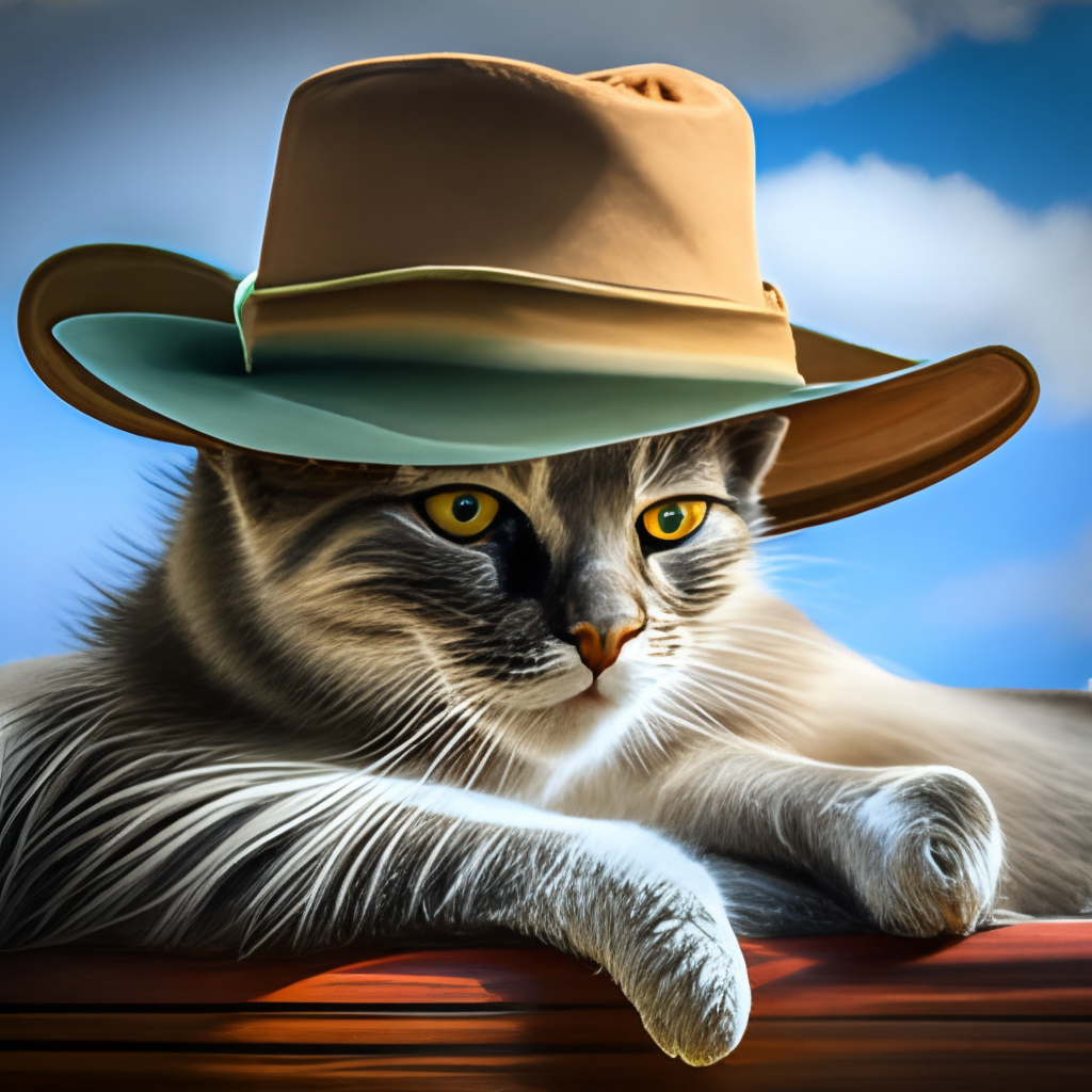 The cat sits under a hat - panama. Only the cat's eyes and tail are visible from under the hat.

