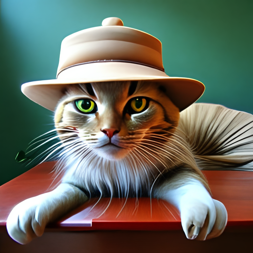 The cat sits under a hat - panama. Only the cat's eyes and tail are visible from under the hat.

