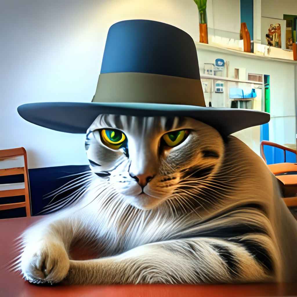 The cat sits under a hat - panama. Only the cat's eyes and tail are visible from under the hat.

