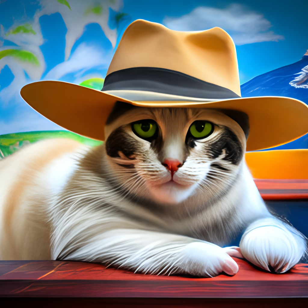 The cat sits under a hat - panama. Only the cat's eyes and tail are visible from under the hat.

