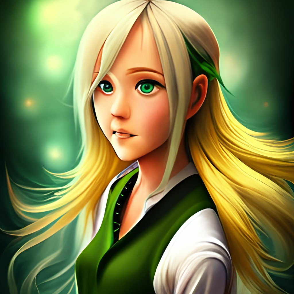 Make a pretty face girl anime. With green eyes, yellow hair, full body with mid size chest 
and soft curves