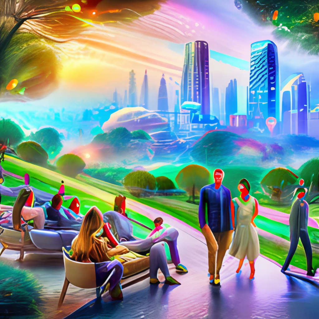 Cyber City with a nature backround and happy people's ciborgs. In a good vibes