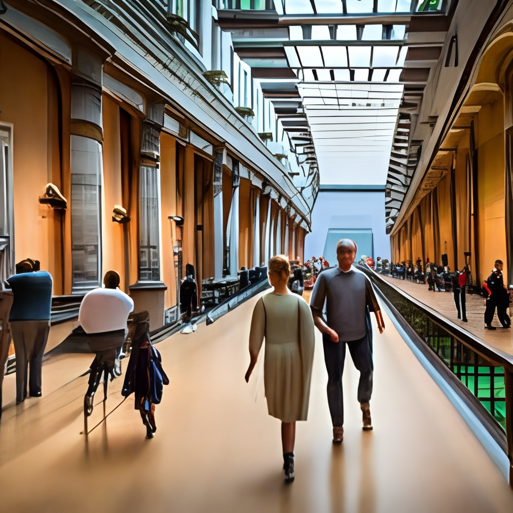 people walking around a museum