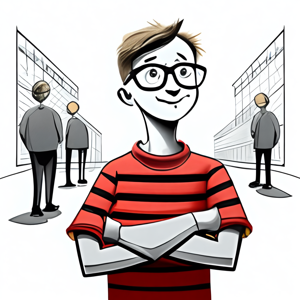 young boy, nice, thin, tall, with glasses, a bit silly, drawn in comic strip style