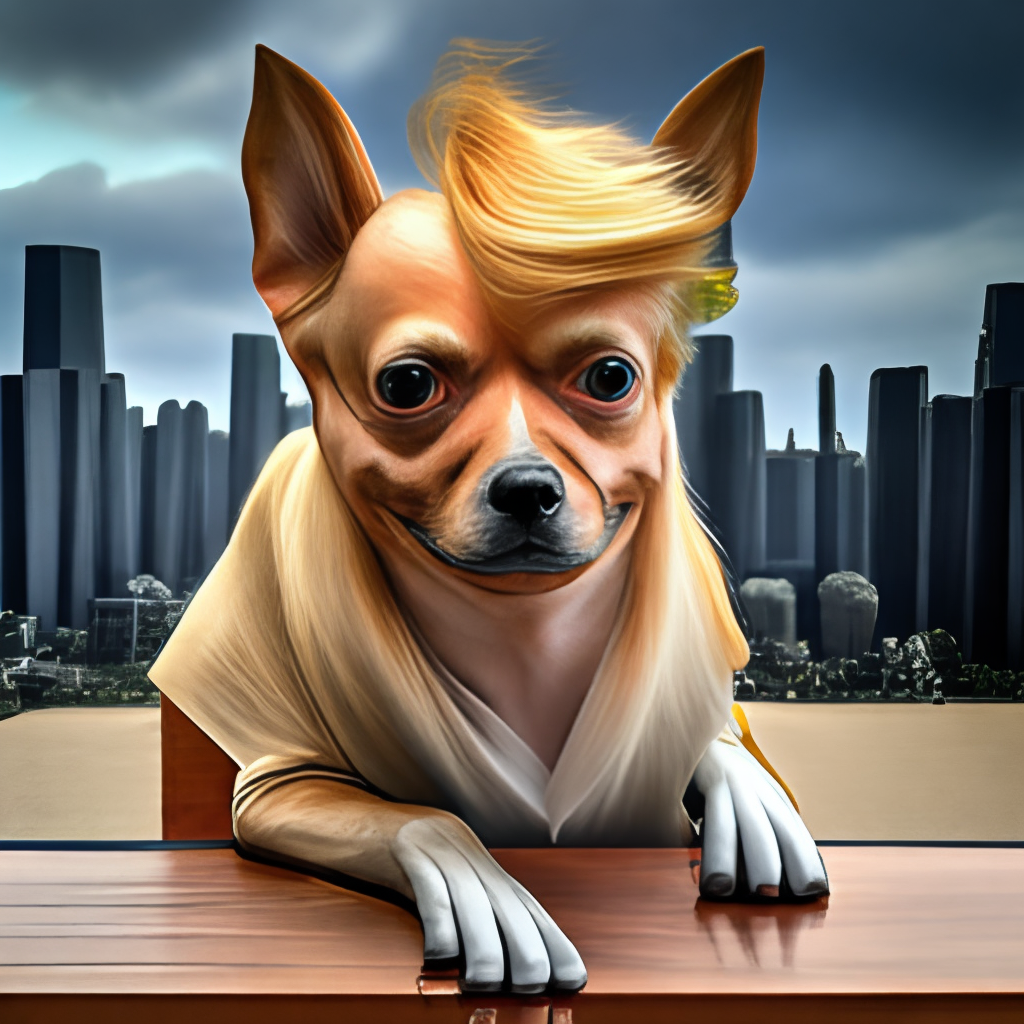 Chihuahua with Donald Trump head of hair