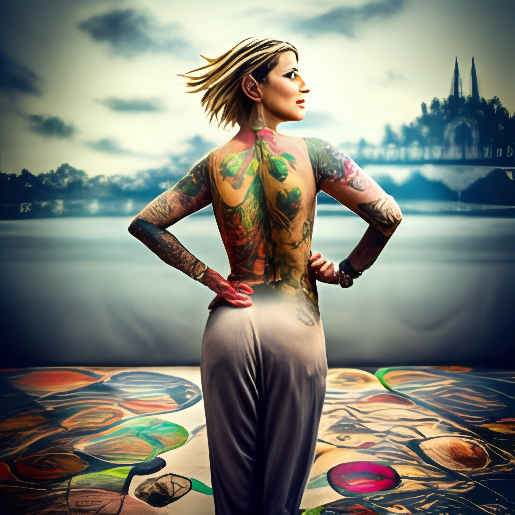 Create a dancing woman so so beautiful with much tattoos on her body and less wearing 