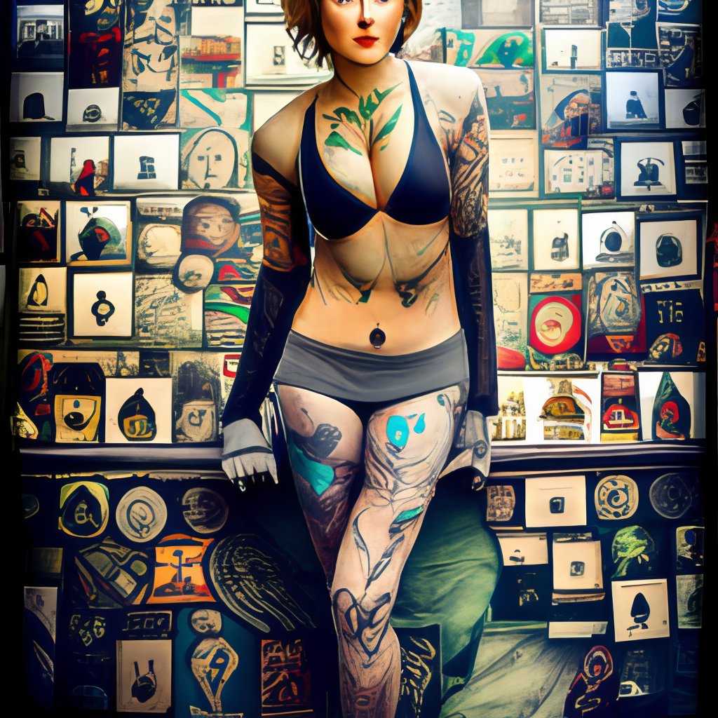 Create a dancing woman so so beautiful with much tattoos on her body and less wearing im the front 