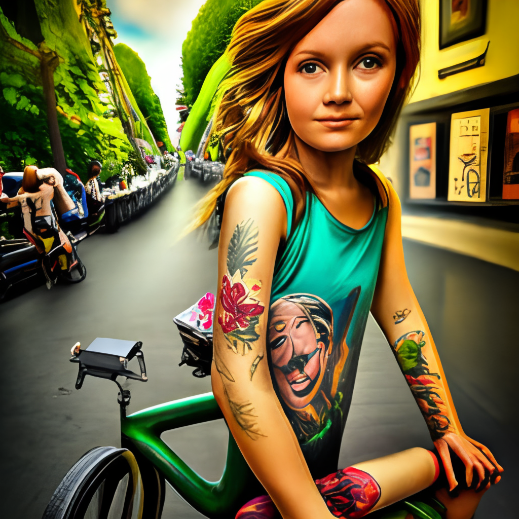 Make a girl with their tattoo holding a bike