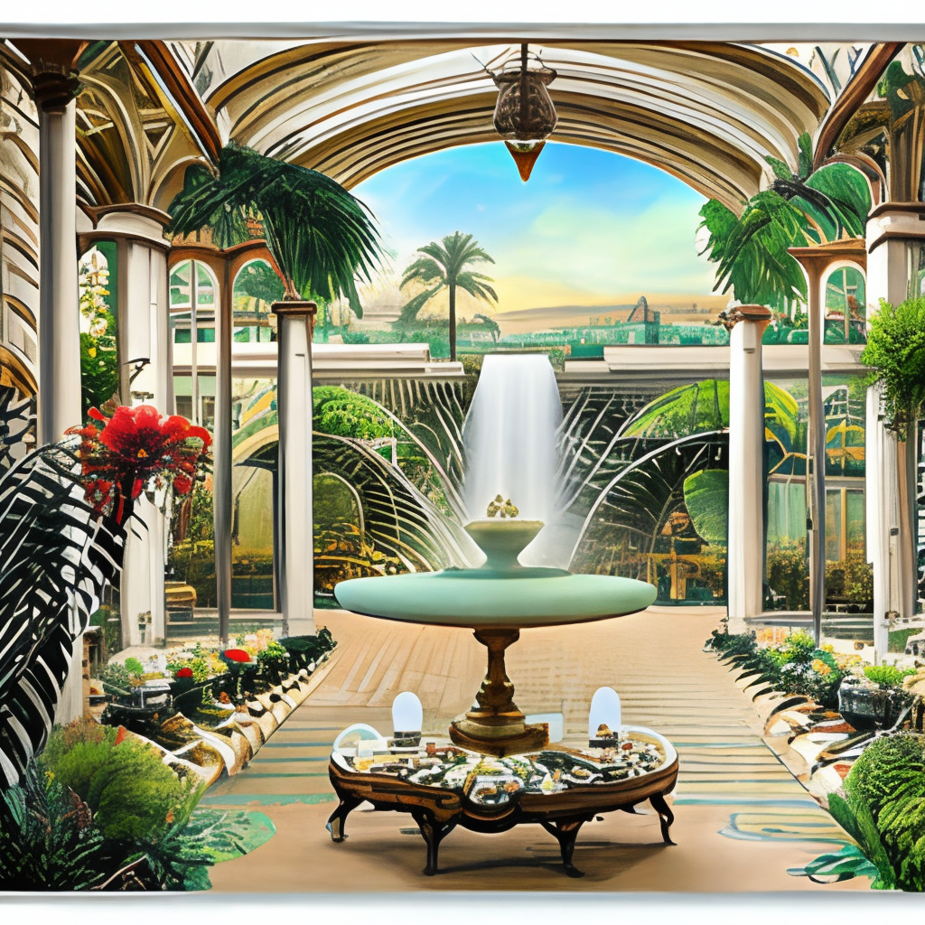 an achingly beautiful print of the interior of a beaux arts botanic garden, featuring marble fountains, blooming tropical flowers,