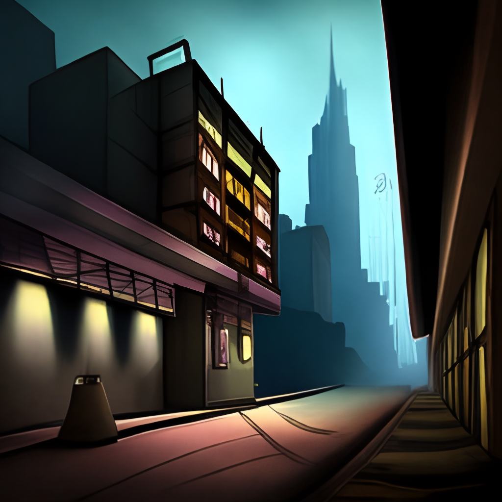 Make a drawing of an abandoned hotel. It should have a dark background and a lamp on the street, dimly illuminating the scene in a ghostly manner. The hotel should be on the right side of the image.