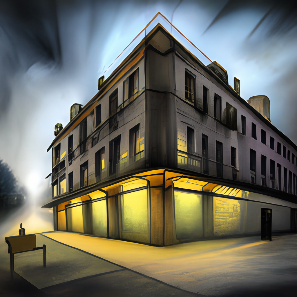 Make a drawing of an abandoned hotel. It should have a dark background and a lamp on the street, dimly illuminating the scene in a ghostly manner. The hotel should be on the right side of the image.